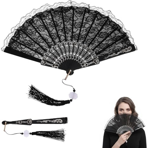 ARYIMYDP Ventaglio in Pizzo Doppio Strato con Orchidea, Ventaglio da Mano Vintage con Stampa Argentata e Nappa, per Matrimonio, Decorazione Casa, Nero