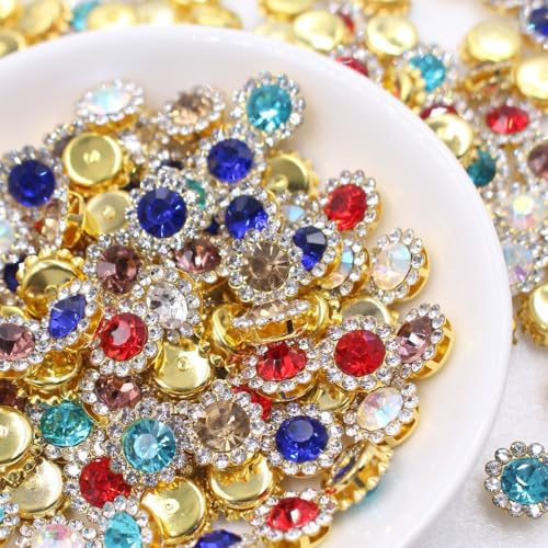 100pcs Mixed Colors 12mm Sew on Rhinestones Crystals Glass Jewels Gems with Metal Base Sewing Flower Claw, Sunflower Shape Flatback Rhinestone for Crafting, Sewing Crafts DIY Accessories Jewelry