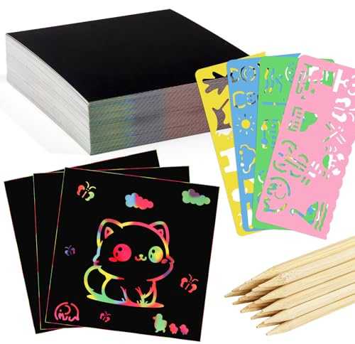 Kratzbilder Kinder, 66 Blätter Kratzpapier Regenbogen DIY Bastelsets mit 20 Holzstifte 4 Malschablonen Kratzbücher Kratzblock für Kinder Erwachsene (8.5 x 8.5cm)