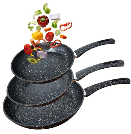 Roland 3-teiliges Pfannenset – Induktionsgeeignet – Antihaftbeschichtung, Camping Küche Granit-Optik – Bratpfannen Set 20/24/28 cm – Spülmaschinenfest & kratzfest