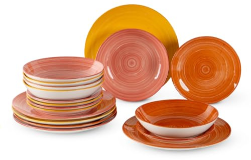Set 18 Piatti, 6 Coperti Completi in Porcellana - Servizio Tavola Moderno 6 Persone: Piani Ø27 cm, Fondi Ø20 e Dessert Ø19 - Certificazione Contatto Alimentare per Microonde e Lavastoviglie - Fuoco