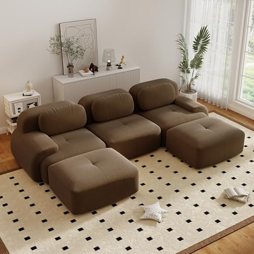 Canapé d'angle convertible moderne de 298 cm avec 2 poufs, canapé modulaire en velours côtelé en forme de U, canapé compressé 3 à 6 places pour salon, assise extra profonde, aucun assemblage requis
