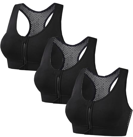 Lot de 3 Paires Soutien Gorge sans Armature Brassiere Sport Femme Maintien Fort Fermeture Devant avec Zippée Push Up Légère Bretelles Croisées Dos Lingerie Couleur Unie sous-Vêtements 00 Noir XL