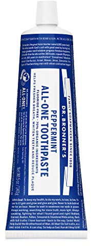 Dr. Bronner’s All-One Toothpaste – Peppermint, 5 oz, 1-Pack – Fluoride-Free Toothpaste for Adults, SLS-Free, 70% Organic & Natural Ingredients, Vegan, Helps Freshen Breath, Reduce Plaque, Whiten Teeth