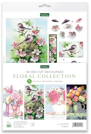 Katy Sue Designs Floral Collection Die-Cut Decoupage Sheets for Card Making. A Pack of 12 Sheets of Die Cuts for Card Making Supplies with Flowers, Blossom, Birds, Tea Cups, & Tulips