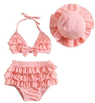 Yccutest Infant Baby Girl Flower Swimsuit 3Pcs Halter Triangle Tops Ruffle Bottoms Sun Hat Bikini Set Bathing Suit Swimwear (S-Pink,18-24 Months)
