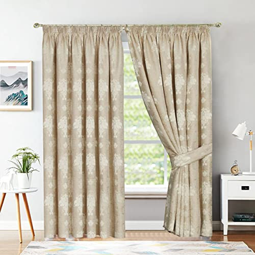 BQC Pencil Pleat Curtains for Living Room Bedroom Jacquard Fully Lined Readymade Virginia Pair Panels with 2 Free Tie Backs (W 46'' x L 54, Beige)