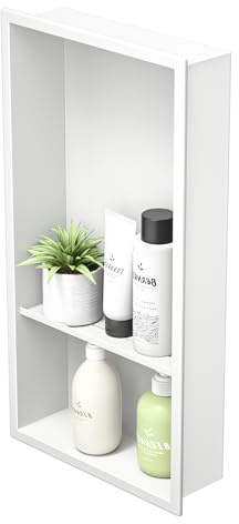 Bernkot Nicchia da Parete in Acciaio Inox 304 Bianco, Doppio Scaffale Doccia, 60 x 30 cm, Senza Piastrelle Necessarie, Montaggio a Scomparsa per il Bagno