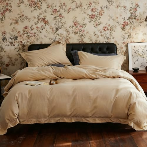 Simple&Opulence Funda de edredón de Doble tamaño, 55% Lino 45% algodón Mezclado, Bordado cómodo y Transpirable diseño Elegante Juego de Ropa de Cama, 200 cm x 200 cm, Lino Natural
