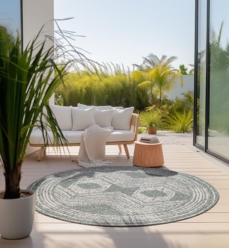 Elle Decoration In und Outdoor Teppich Rund – Wendeteppich Wetterfest & Wasserfest - Modernes Boho Ethno Muster Runder Outdoorteppich für Garten, Balkon, Terrasse, Wohnzimmer – Grün, 100cm