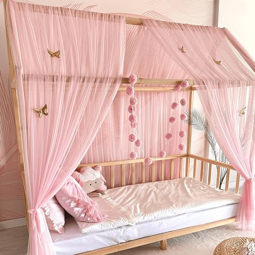 Baby Fancyroom Hausbett Himmel rosa Betthimmel Deko Set Kinderzimmer Kinderbett Baldachin Pompongirlande aus Premium Tüll für Hausbetten (380cm, ohne Schmetterlinge)