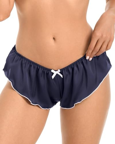 Satin Low Rise Fluted Sissy French Knickers Briefs Panties (Midnight Blue - White, M)