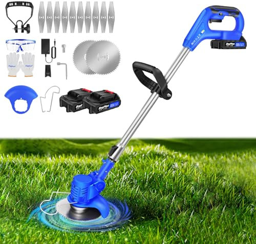 Coupe Bordure sans Fil avec 2 Batteries et Lames avec Poignée Réglable, 21V Débroussailleuse Electrique sans Fil, Tête Pivotante, Tondeuse à Gazon, pour la Coupe de Jardin,Pelouses et Terres Agricoles