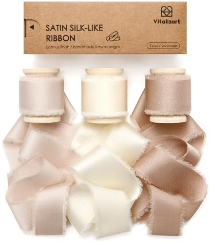 Vitalizart Satin Geschenkband Champagner & Creme & Nude 2,5 cm x 13,7 m Hölzerne Spule, Handgefertigtes Ausgefranstes Seidenband für Geschenk Verpacken Hochzeit Brautsträuße Urlaub Dekor