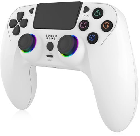Wireless Controller für PS4, Game Controller Kompatibel mit PS4/Slim/Pro/PC, Gamepad mit 7 RGB LED/Dual Vibration/6 Achsen Gyro Sensor/950 mAh Akku/Headset Jack, Präzise Kontrolle Joystick, Weiß