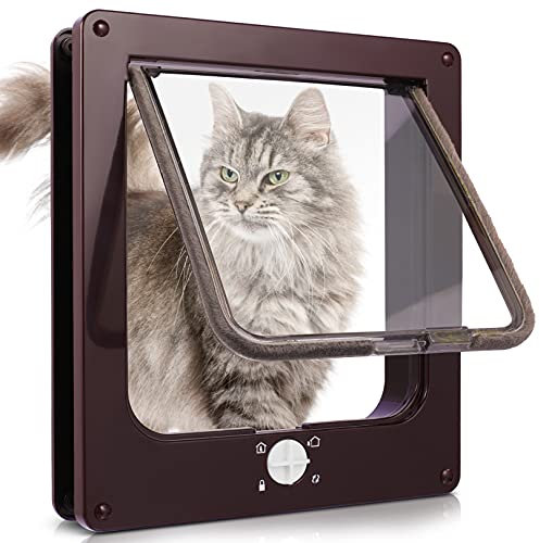 4-Wege-Schaltmodus Katzenklappe, Hervorragende Qualität - Wetterfeste Katzentür für Innen- und Außentüren, Ideal für Katzen und Kleine Hunde Braun 23.5 * 27 * 5,5 cm