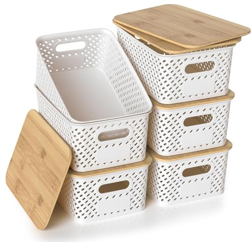 HapiLeap Plastic Storage Baskets With Bamboo Lid, Stackable Plastic Storage Boxes for Organizing Pantry Shelves Drawers Desktop Closet Playroom Classroom Office, 6 Pack (White)