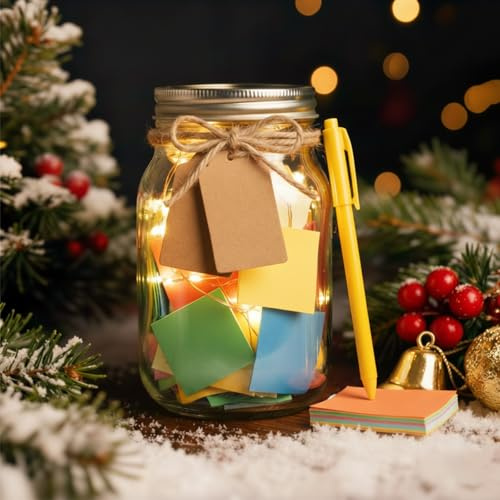 Fiada Memory Jar Christmas Happiness Mason Jar with LED Lights Happiness and Daily Positivity Joyful Memories Keepsake Mindfulness Thoughtful Christmas Birthday Gift for Daughter Women Wife Friend