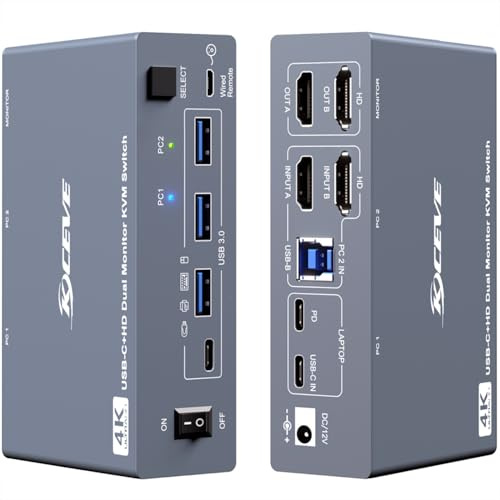 KVM Switch 2 Monitor 1 Desktop 1 Laptop 4K@60Hz, 7 in 1 Dual Monitor KVM Switch Docking Station, 2 Display HDMI Estendere, 4 USB 3.0, PD 80 W, con Telecomando Cablato e Cavo USB-C