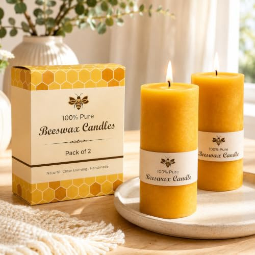 Pure Beeswax Candles Set of 2 – Gift Ready 40 Hour Burning Natural Honey Wax Candles – 100% Pure Beeswax -Smokeless Cotton Wick Pillar Candles