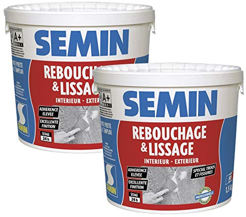 Semin Enduit de Rebouchage - Spécial Fissures et Trous de Vis - Intérieur/Extérieur - Seau de 1,5 kg - 2m² (Lot de 2)