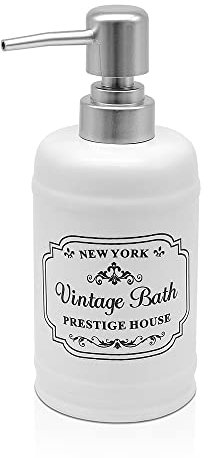 Inbagno Dispenser Sapone Liquido Bagno in Ceramica Bianca con Stampe a Contrasto Nere, Stile Vintage Shabby, capacità 400 ml