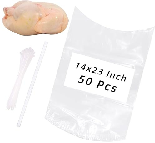 Turkey Shrink Bags,50 Pcs 14x23 Inches Clear Poultry Shrink Bags Freezer with 50 Zip Ties and a Silicone Straw for Chickens,Turkey,Rabbits