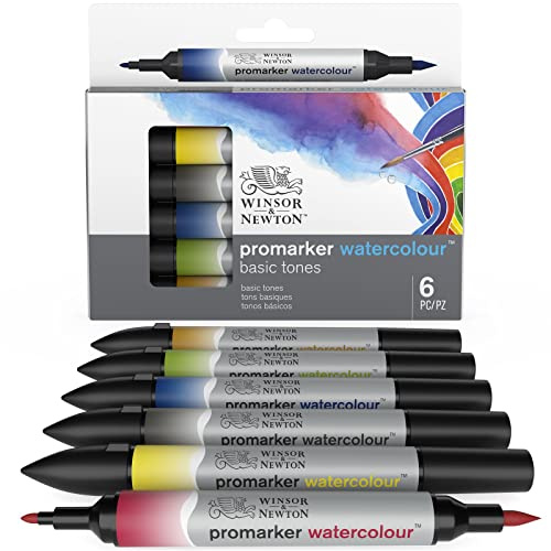 Winsor & Newton 0290164 ProMarker Aquarellmarker - 2 Spitzen, Pinsel- und feiner Spitze, lichtecht, hochpigmentierte Aquarellfarben für Kalligrafie, Zeichnungen, 6 Farben Set Grundfarben