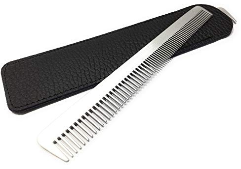 Swedish Crown Peigne professionnel aluminium avec étui en cuir véritable 15,5 cm (antistatique) dents fines et larges peigne en version salon (2261 A-ET)