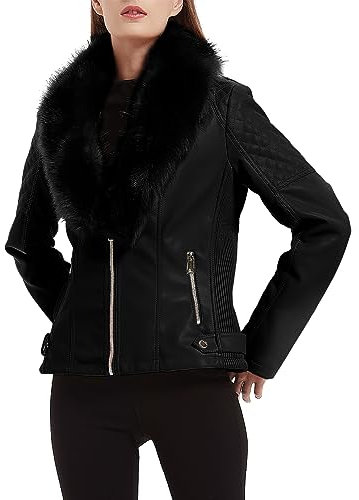 Giolshon Chaqueta de piel Sintética para Mujer, Abrigo Corto Cálido de Motociclista de Invierno con Cuero de piel Desmontable 9201 Negro 3XL