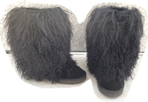 Real Mongolian sheep fur tall boots fluffy women boots lamb fur booties fashionable ladies boots (Black, US, Adult, Women, 10, Numeric, US Footwear Size System, Medium)