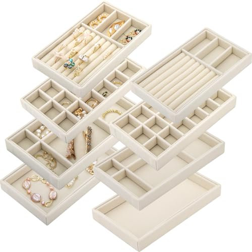 Elsjoy Set of 8 Velvet Jewelry Organiser Tray, Stackable Jewelry Tray Drawer Insert Divided Storage Holder, Necklace Bracelet Display Tray for Earring, Ring, Brooch, Watch, 8.3x5x1 Beige 4 Styles
