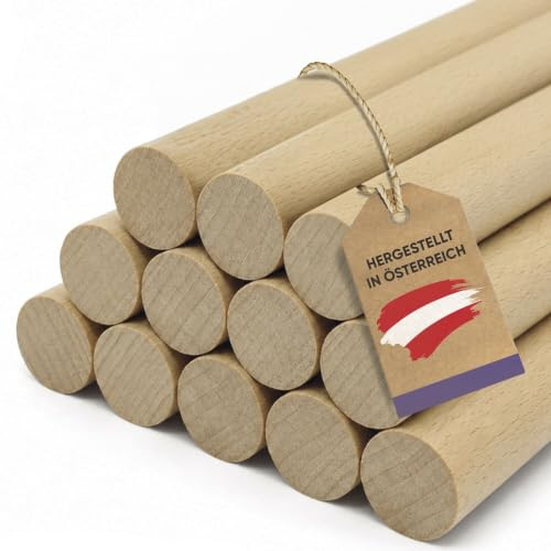 vasalat Varillas de madera lisas para manualidades, 100 cm x 6 mm, madera de haya natural, contenido, 12 unidades