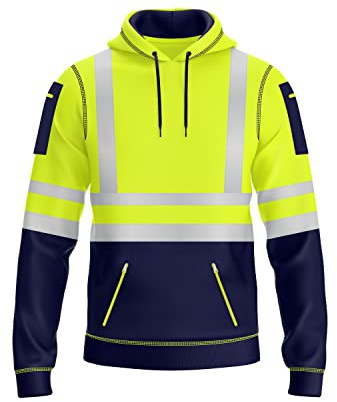 NOROZE Herren Hi-Viz Kapuzenpullover Grau Reflektierendes Band Hohe Sichtbarkeit Sicherheit Mantel mit 4 Reißverschluss Taschen Sweatshirt Jacke (L, Stil 1: Neongrün/Marine)
