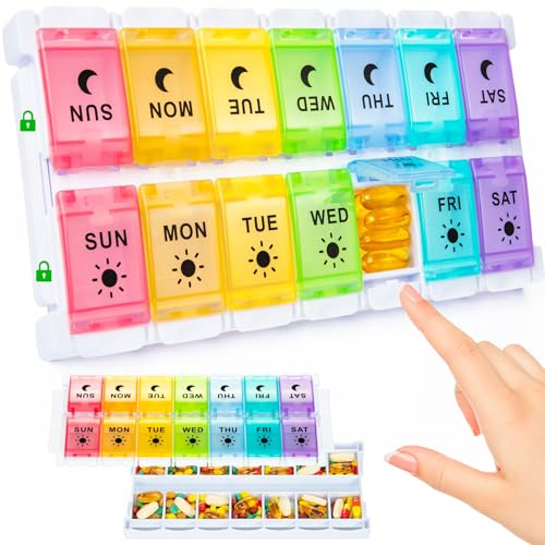 Large 7 Day Pill Organiser 2 Times a Day, Weekly Dosette Box for Morning Night, Easy Open AM PM Pill Box for Arthritis, XL Tablet Organiser for Travel, Vitamins & Medication