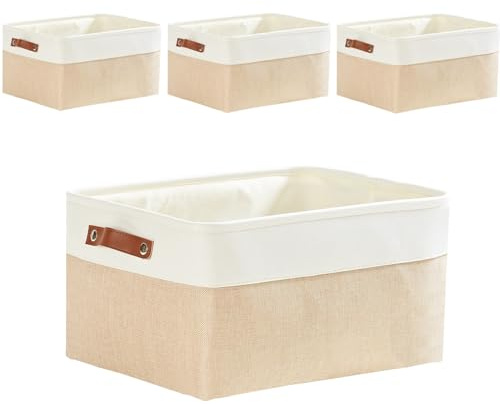 Mangata Fabric Storage Boxes, Thickened Canvas Storage Baskets with Handle for Shelves, Clothes Toys(L, Khaki/White, without Drawstring,4 Pcs)