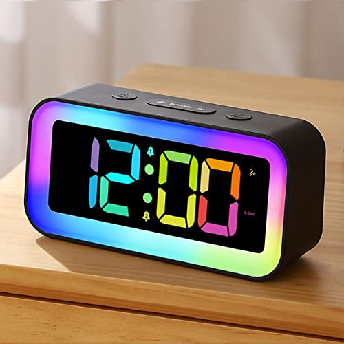 Digital Alarm Clock Bedside For Bedrooms, Portable Alarm Clocks with LED Display 8 RGB Night Light & 7 RGB Digital, Simple Outlet Powered Clock Bedroom Accessories For Women Kids and Adults(Black)