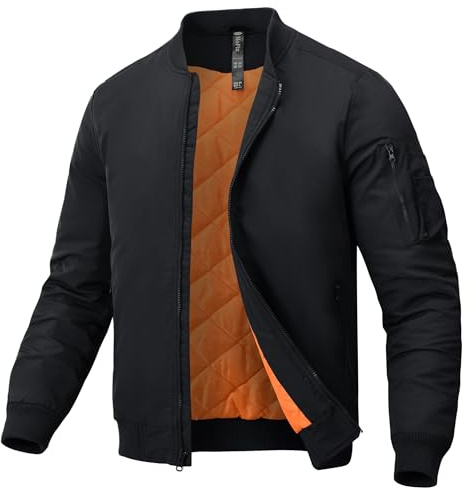 MoFiz Bomber Homme Blouson Aviateur Militaire Doublure Chaude Veste d'hiver Col Montant Manteau Décontracté avec Poches Zippées Noir EU L