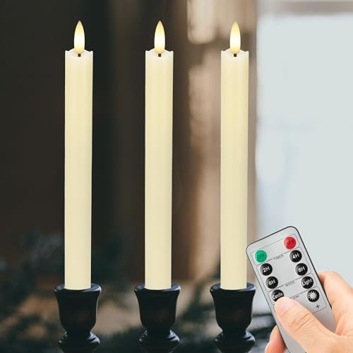 AFINETH Flameless Taper Candles with Rmote, 9.6 Real Wax Battery Operated Candles with 3D Wick, 3 Pack Led Flickering Candlesticks, Electric Candle for Home, Wedding, Party Decor, Ivory