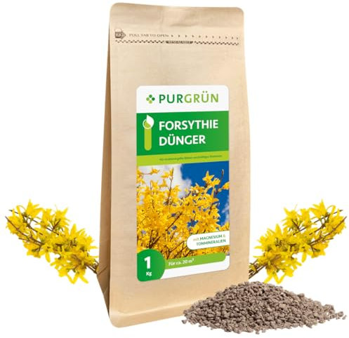 Purgrün® Forsythie-Dünger 1 kg – Organisch-mineralische Rezeptur – Feinkörniges Krümelgranulat – NPK 5+4+6 – Extra Magnesium für prächtige Blüten – Verbessert die Bodenqualität