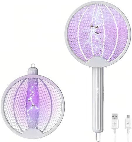 Raquette Moustique Electrique Lampe Anti Moustiques 2 en1 USB Rechargeable Pliable Raquette Electrique Insectes pour Interieur Exterieur