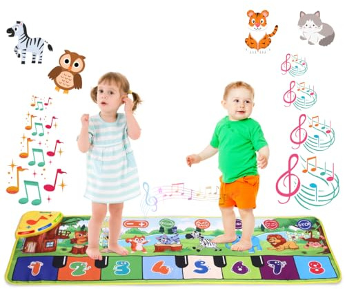 NK Alfombra Musical para Bebé con 8 Sonidos de Animales LED - Piano Infantil Juguete para Niños 3 4 5 años, Regalo Original Montessori Cumpleaños Navidad, Plegable, Función Record/Playback (110x36cm)