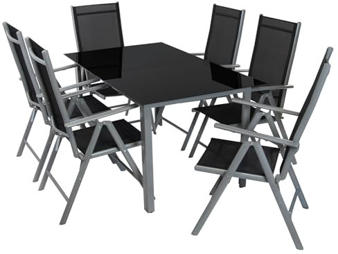 Montafox Gartenmöbel Set 6 Stühle + 1 Tisch 150x90cm Sitzgarnitur Aluminium Sicherheitsglas Wetterfest Klappbar Terrasse Balkon Möbel Set Sitzgruppe Essgruppe Garten