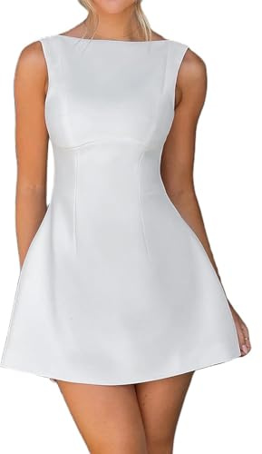 ABYOVRT Women Sexy Backless Mini Dress Sleeveless Open Back A Line Formal College Graduation Dress (White,M