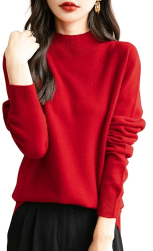Chanyarn 100% Lana Merina Mujer Jersey de Cuello Simulado Manga Larga Suéter Primavera Otoño Sin Costura Jersey de Punto (Red,XL)