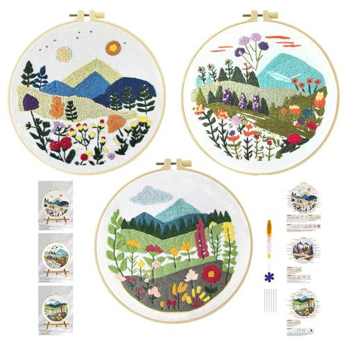 Xinpinzhou 3 st broderikit för nybörjare, blommande växter, mönster för broderiset för halvstygn, korsstygn, handtryckt halvpunktsbroderisats, broderikit