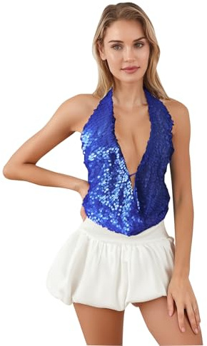Nicoxijia Womens Sequin Sparkle Halter Crop Tops Sexy Sleeveless Deep V Neck Backless Glitter Tank Top Y2k Bling Rave Outfits (Blue, S)