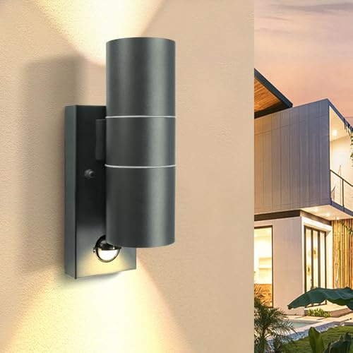 EXTRASTAR Smoky Grey Outdoor Wall Lights PIR Motion Sensor, GU10 Base Double Up Down Exterior Wall Sconce, IP44 Stainless Steel Wall Light for Garden, Patio,Porch, Garage(Bulb not Included)