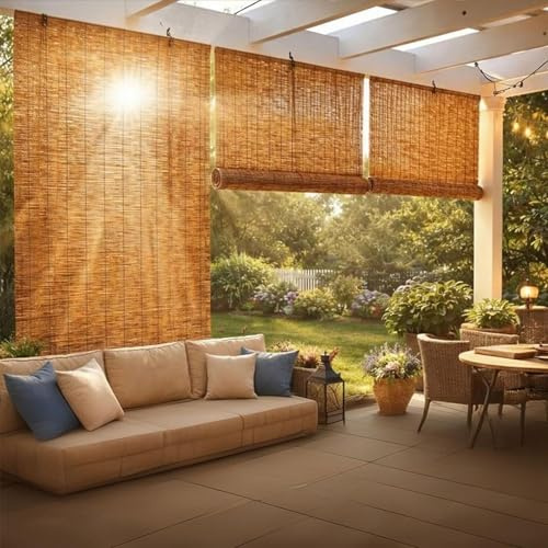 Stores enrouleurs en Bambou pour terrasse extérieure, Disponibles en largeurs de 80 à 160 cm, filtrant la lumière grâce à Leur Fibre Naturelle. Stores rétro en Bambou(150 x 210CM)