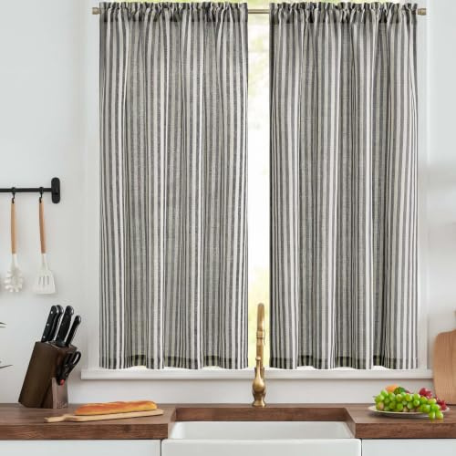 TOPICK Black Pinstripe Cafe Curtains, Short Kitchen Curtains, W36xL54 2 PCS | Linen Look Light Filtering Drape, Rod Pocket Small Curtains for Living Room, Bathroom, Cupboard, Bedroom, Cupboard Base, Sink